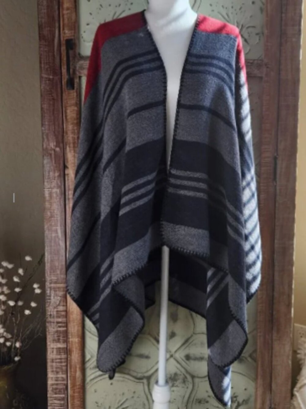 Just Cozy Knitted Shawl - Black, Gray & Red